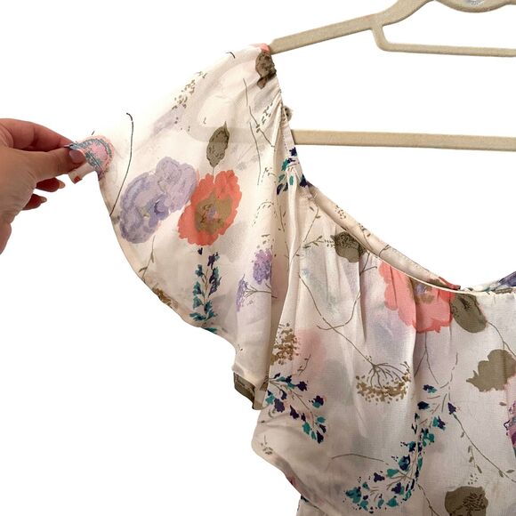 REFORMATION Chiffon Floral Off Shoulder Midi Dress Sz 0 - Picture 6 of 7